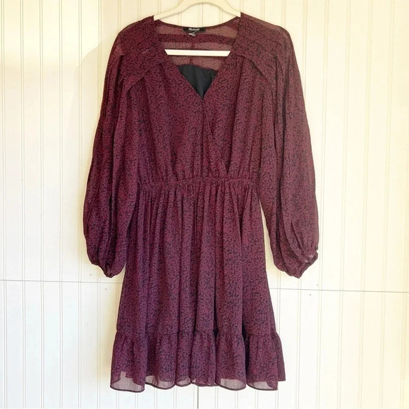 MADEWELL Size M Long Sleeve Floral Peasant Dress In CABERNET Red - Picture 5 of 10